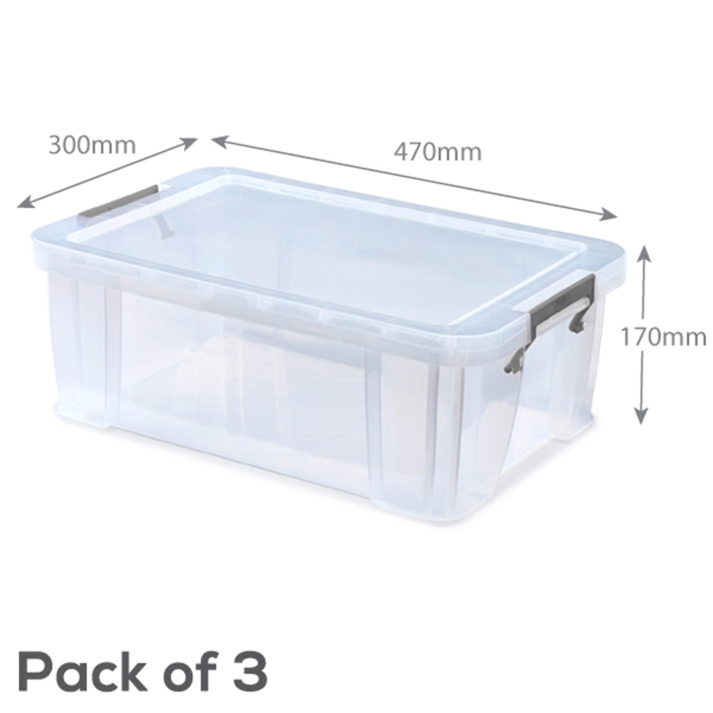 Pack of 3 Clear 15 Litre Plastic Storage Boxes