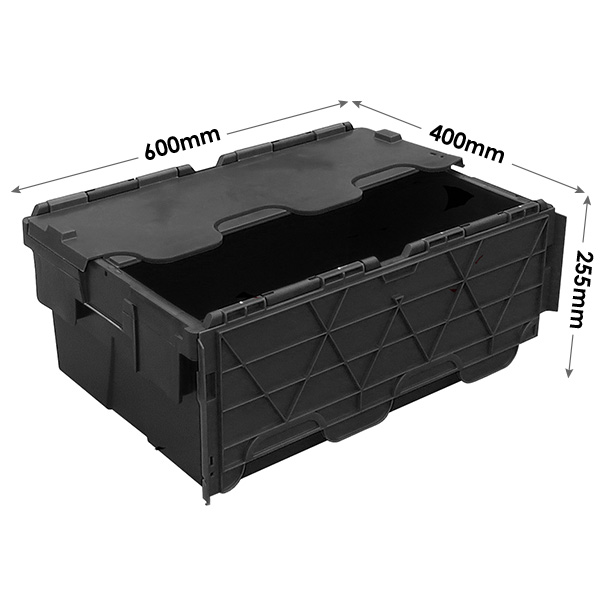 LC3-P/BLACK/COLOUR-LID Recycled 80 Litre Plastic Storage Crates (710 x 460  x 368mm) Boxes with Coloured Hinged Lids