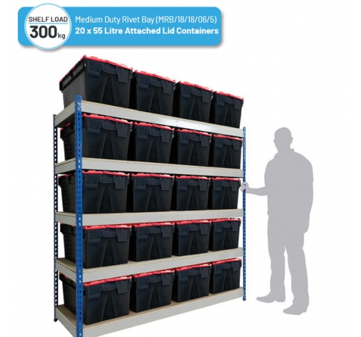 Shelving Bay with 20 x PLAS55LE/Black/Coloured (55 Litre) Attached Lid Containers