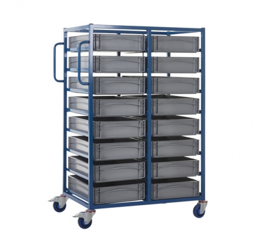 Double Width Mobile Tray Rack With 16 Containers